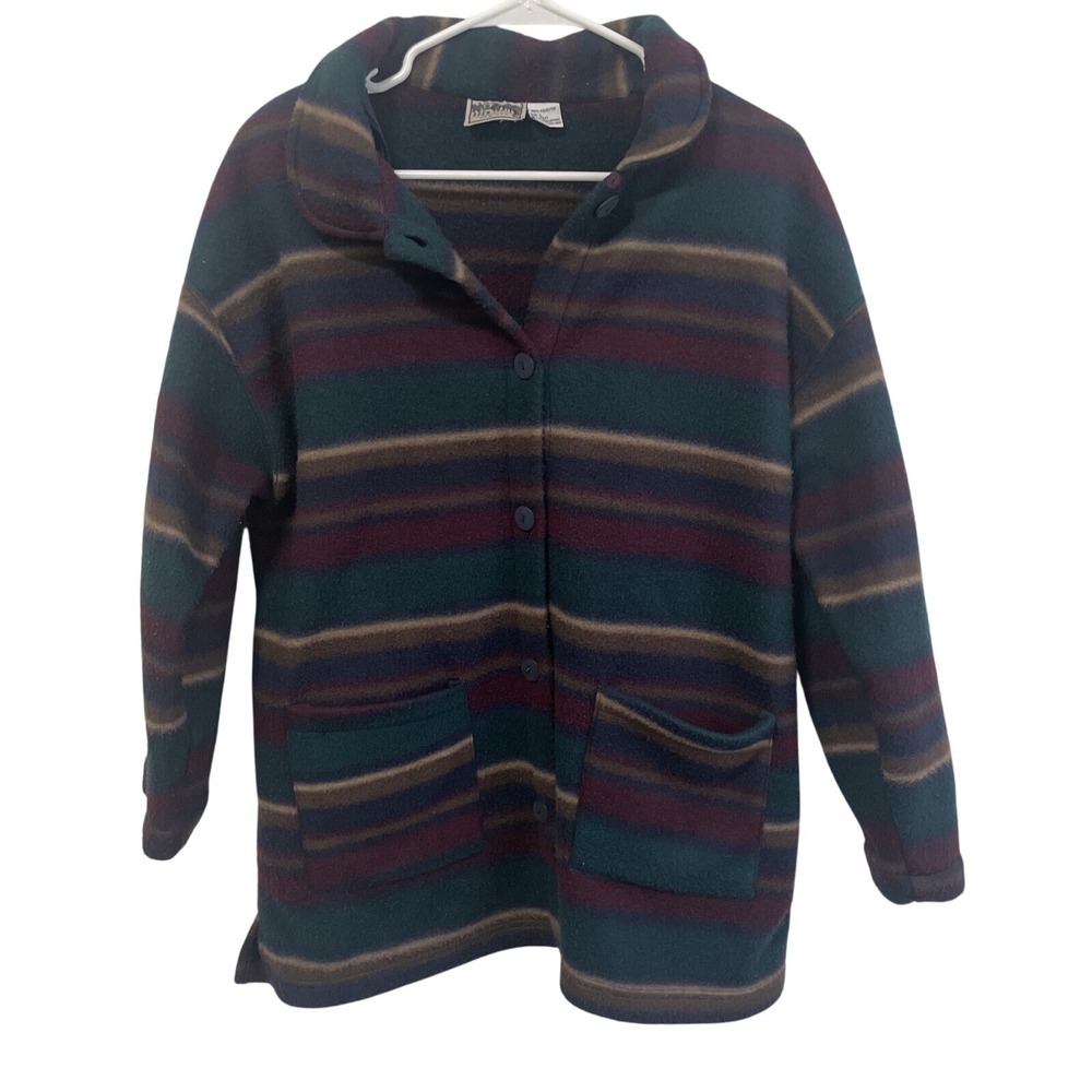 Open Trails Womens Size Large Fleece Jacket Striped Button Front Cozy Warm Coat